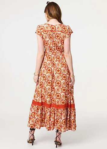 Izabel London Multi Orange Paisley Cap Sleeve Lace Trim Maxi Dress | Grattan