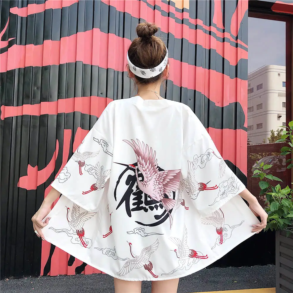 JAPANESE RETRO RED-CROWNED CRANE PRINT SHIRT BY98053