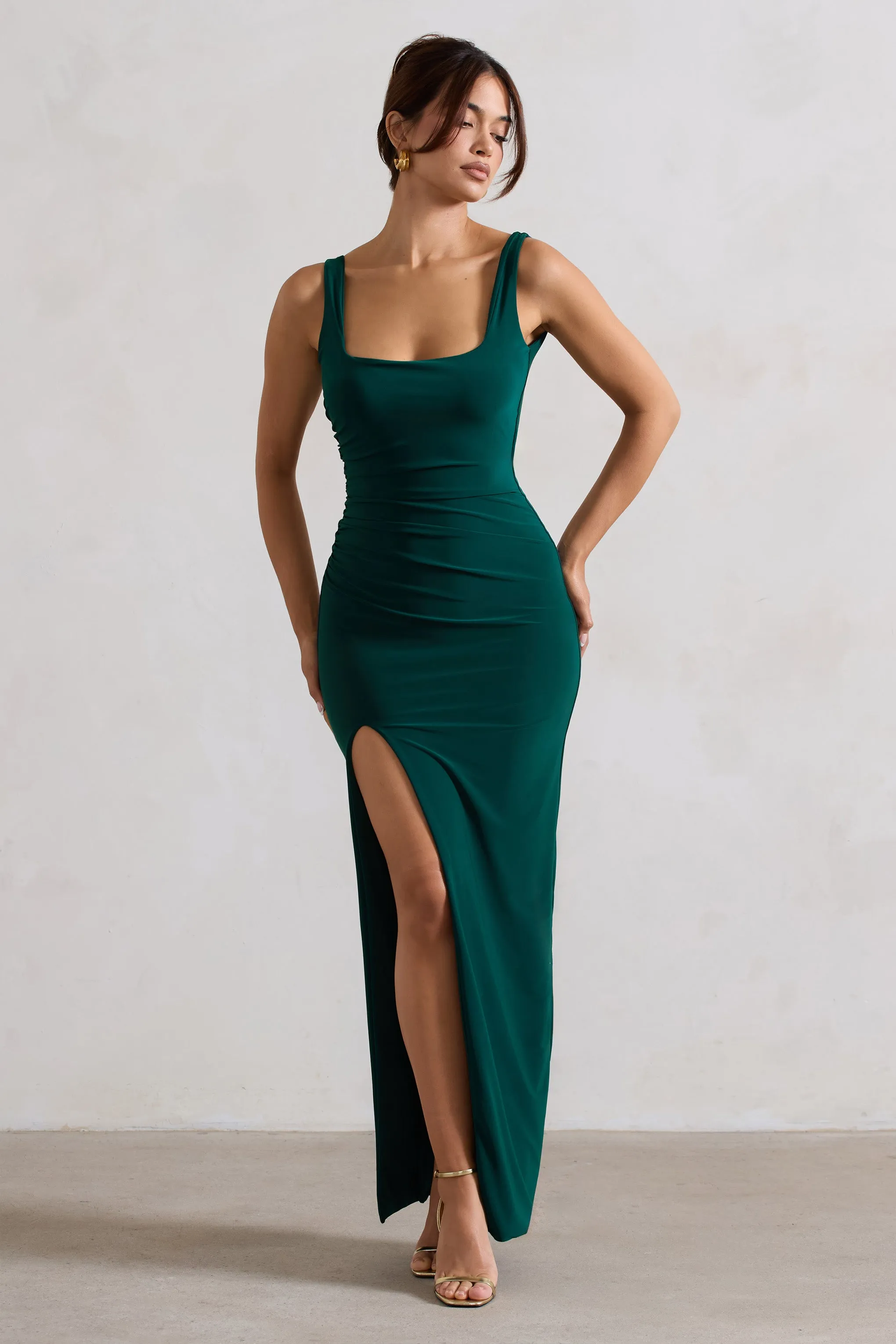 Kate | Bottle Green Square Neck Maxi Dress with Plunge Back and Side Thigh Split