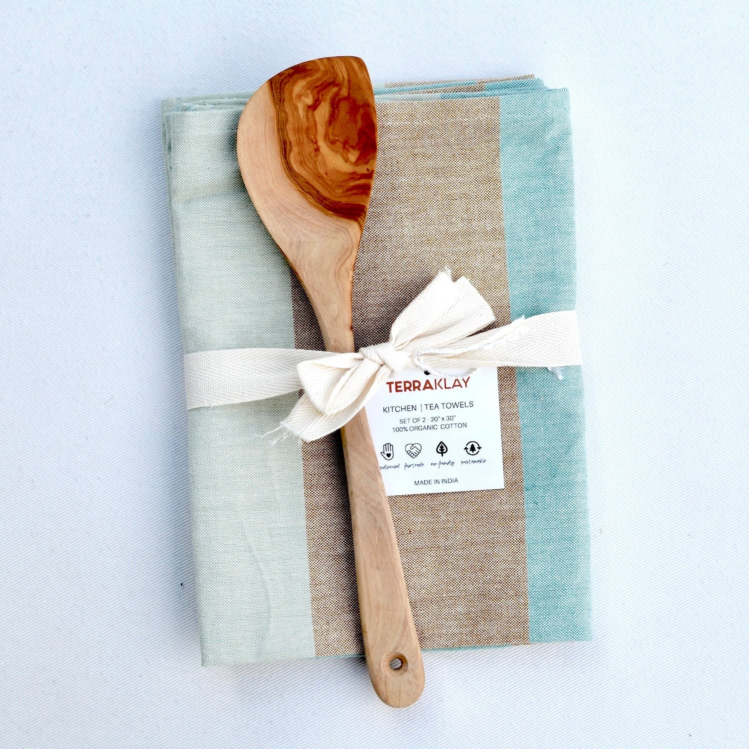 Kitchen Towel Set With Olive Wood Spoon Gift