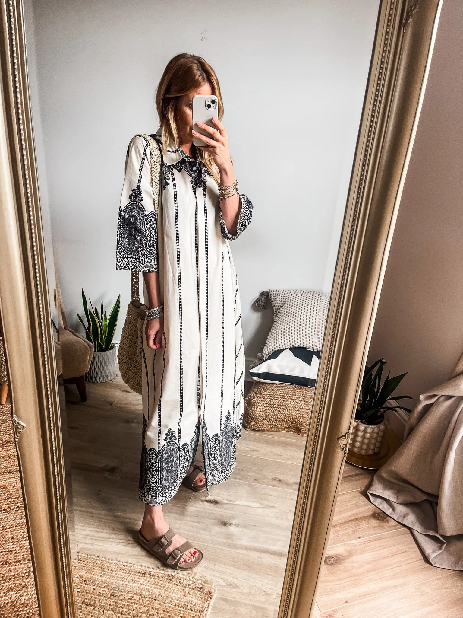 Lace Print Trapeze Maxi Shirt Dress