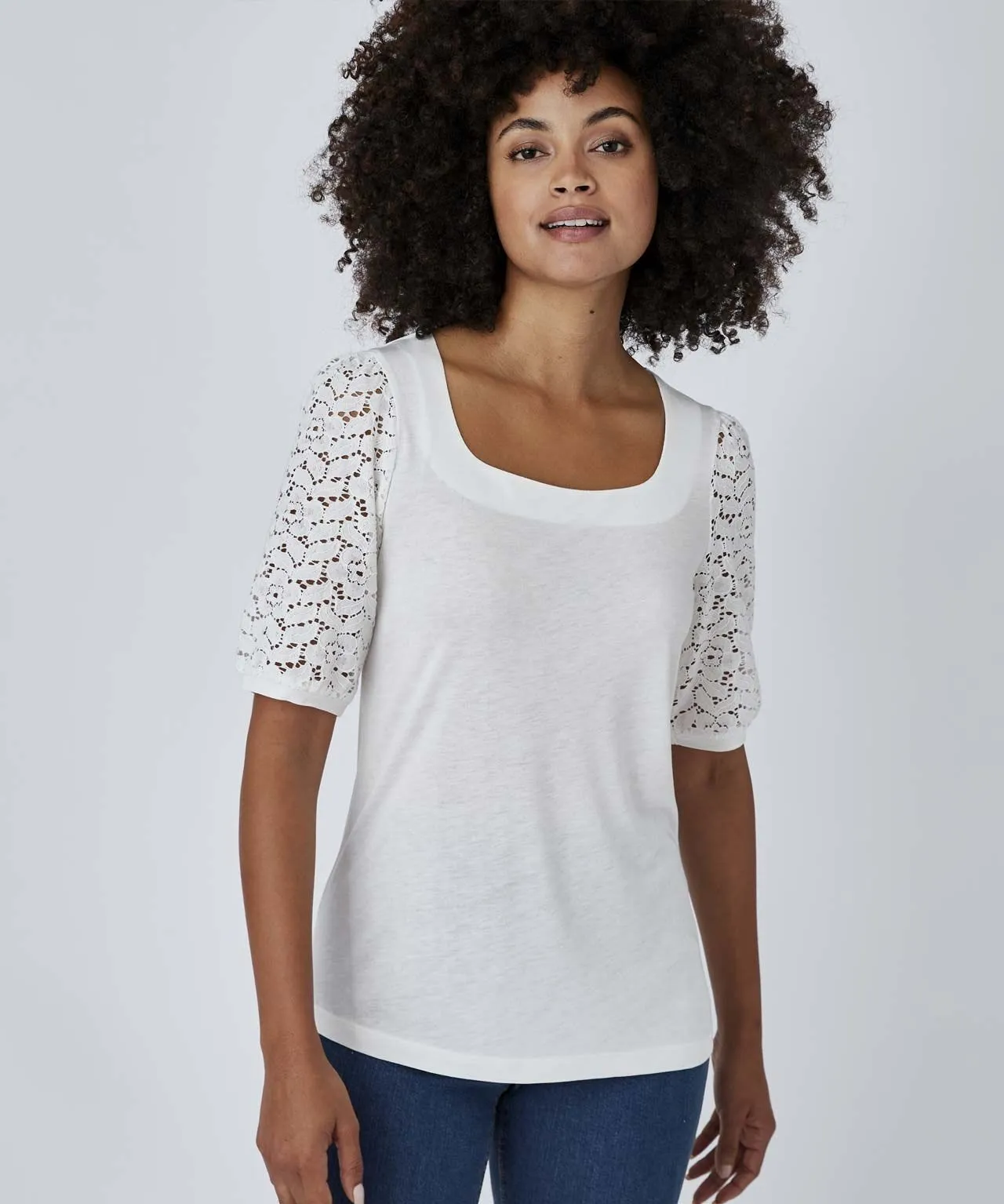 Lace Sleeve Square Ncek T-shirt