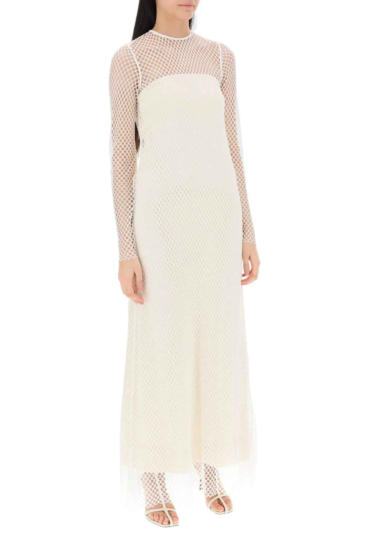 layered maxi dress in fishnet lace 241 WRD999 FB0084 SNOW