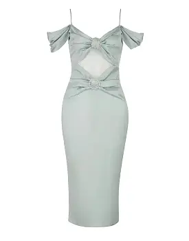 Light Green Cutout Draped Sleeve Satin Dress