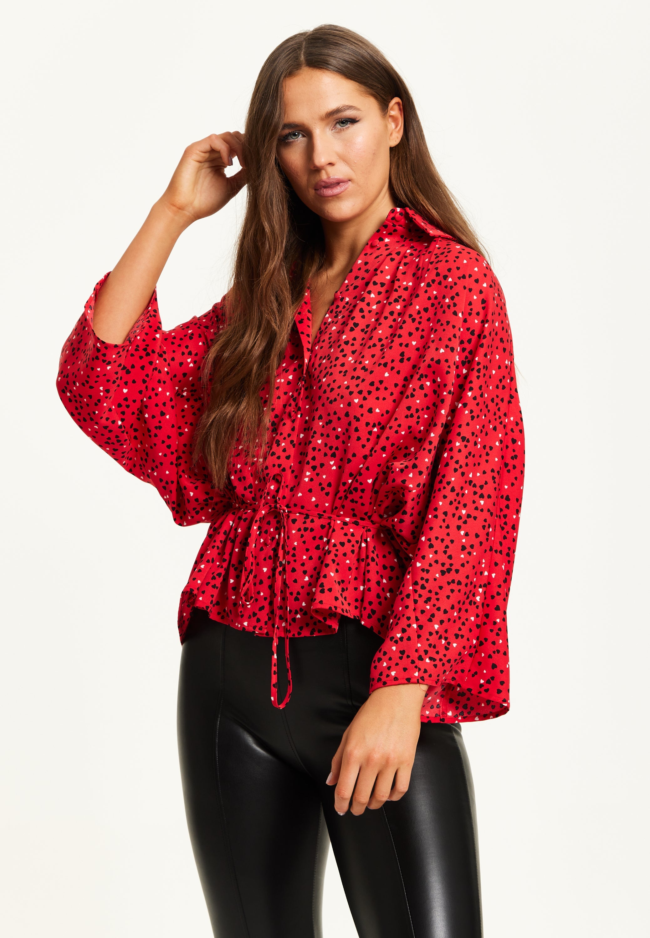 Liquorish Heart Print Shirt With Long Sleeves And Tie Waist