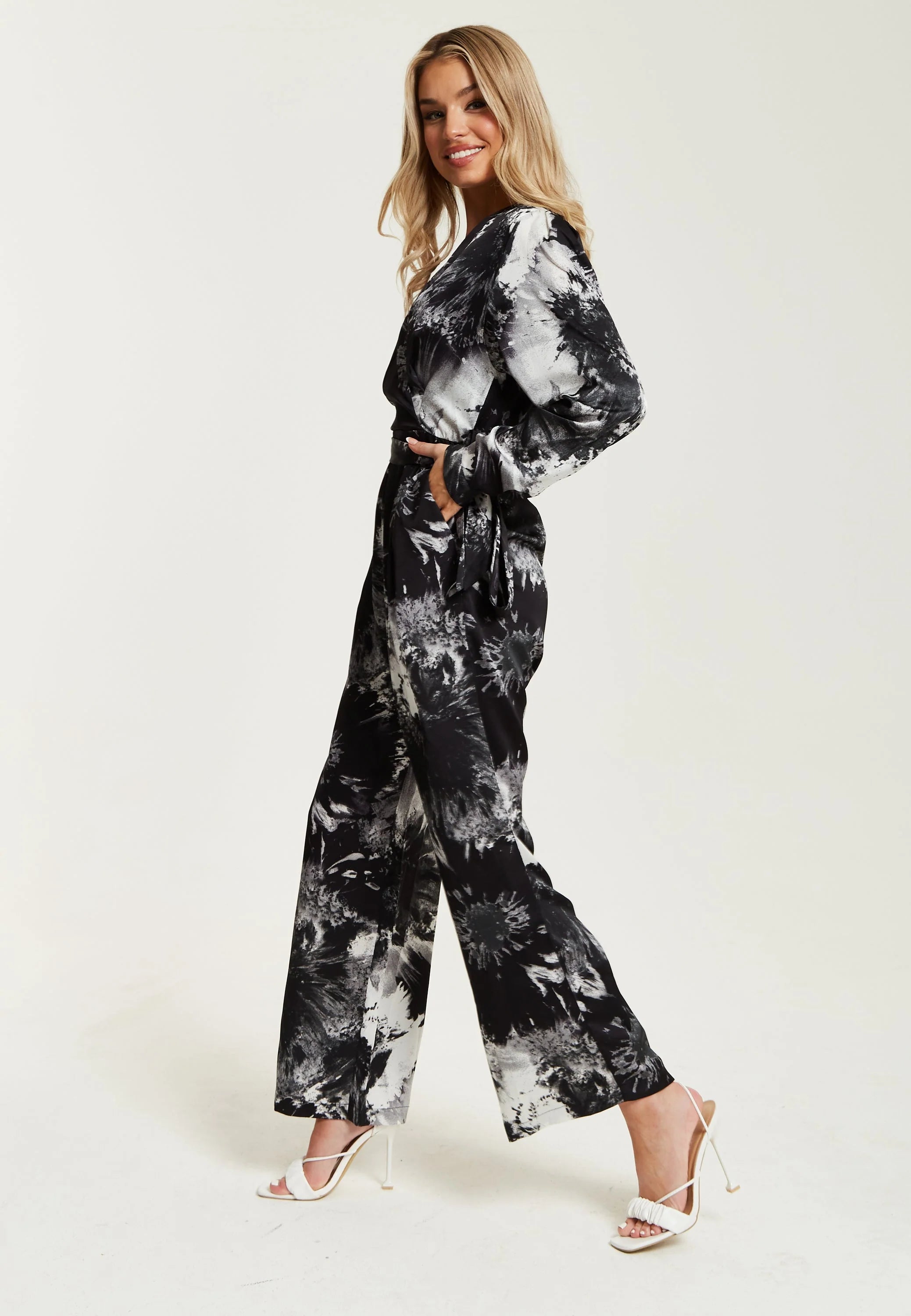 Liquorish Mono Abstract Print Jumpsuit With Long Sleeves