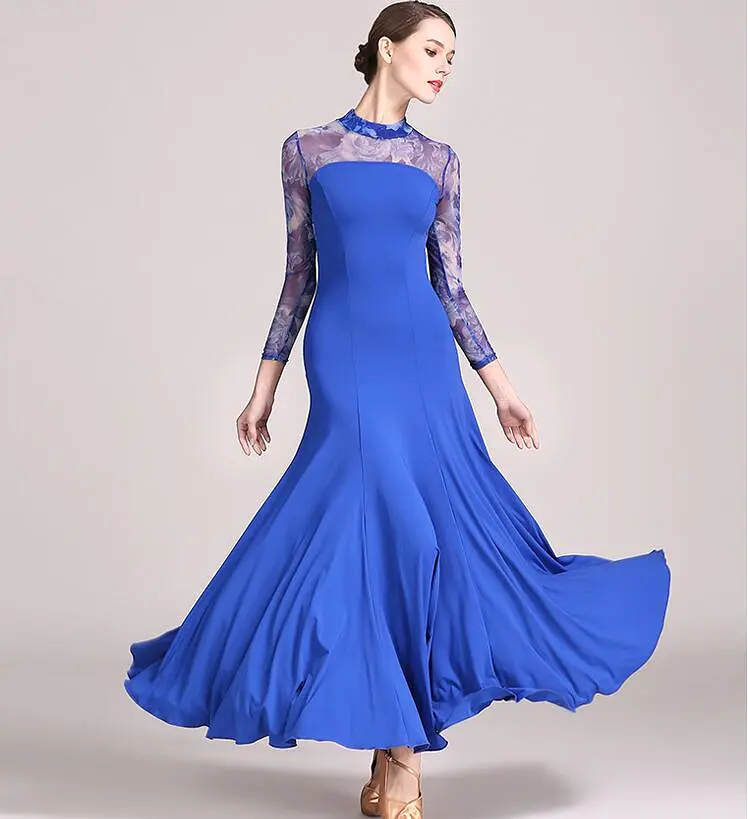 Long Ballroom Practice Dress with Floral Mesh Sleeves, High Collar, Zipper Closure, and Soft Hem in Green or Blue PRA 765_sale