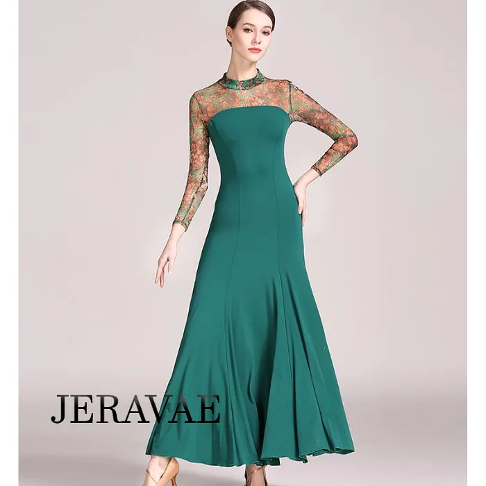 Long Ballroom Practice Dress with Floral Mesh Sleeves, High Collar, Zipper Closure, and Soft Hem in Green or Blue PRA 765_sale