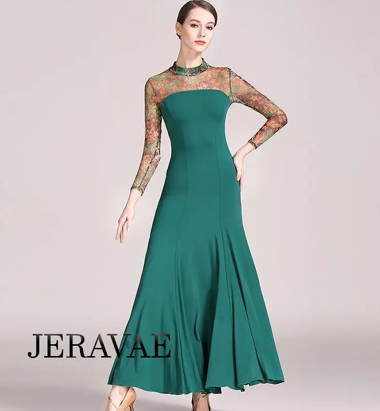 Long Ballroom Practice Dress with Floral Mesh Sleeves, High Collar, Zipper Closure, and Soft Hem in Green or Blue PRA 765_sale