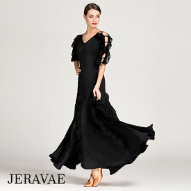 Long Black Ballroom American Smooth Practice Dress with V-Neck and Flutter Detail on Sleeves PRA 073_in