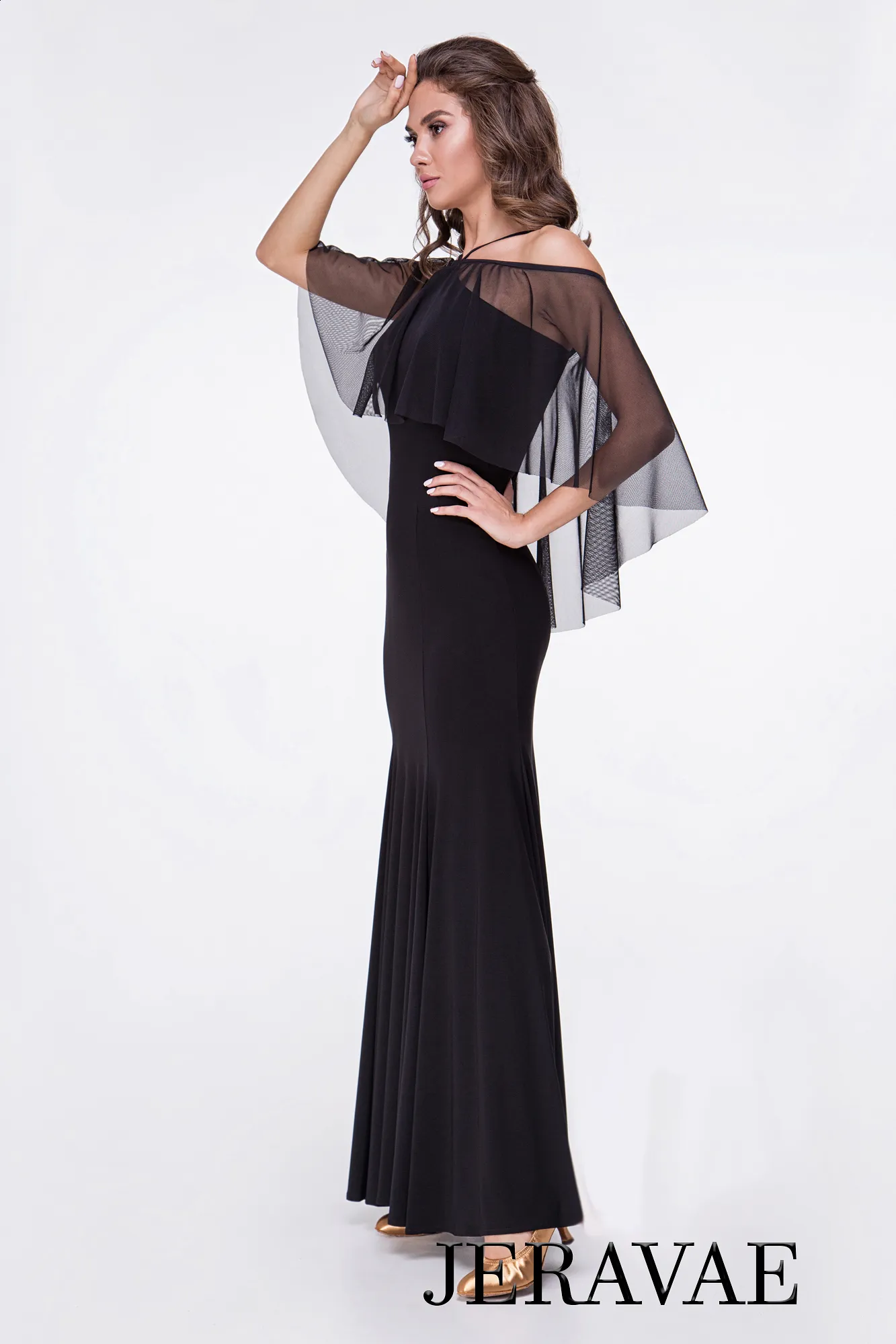 Long Black Ballroom or Smooth Practice Dress with Mesh Ruffle and Cold Shoulder Detail PRA 369