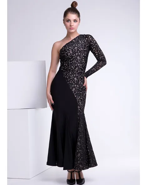 Long Black Ballroom Practice Dress with Asymmetrical Neckline, Single Sleeve, and Beautiful Stretch Lace PRA 834