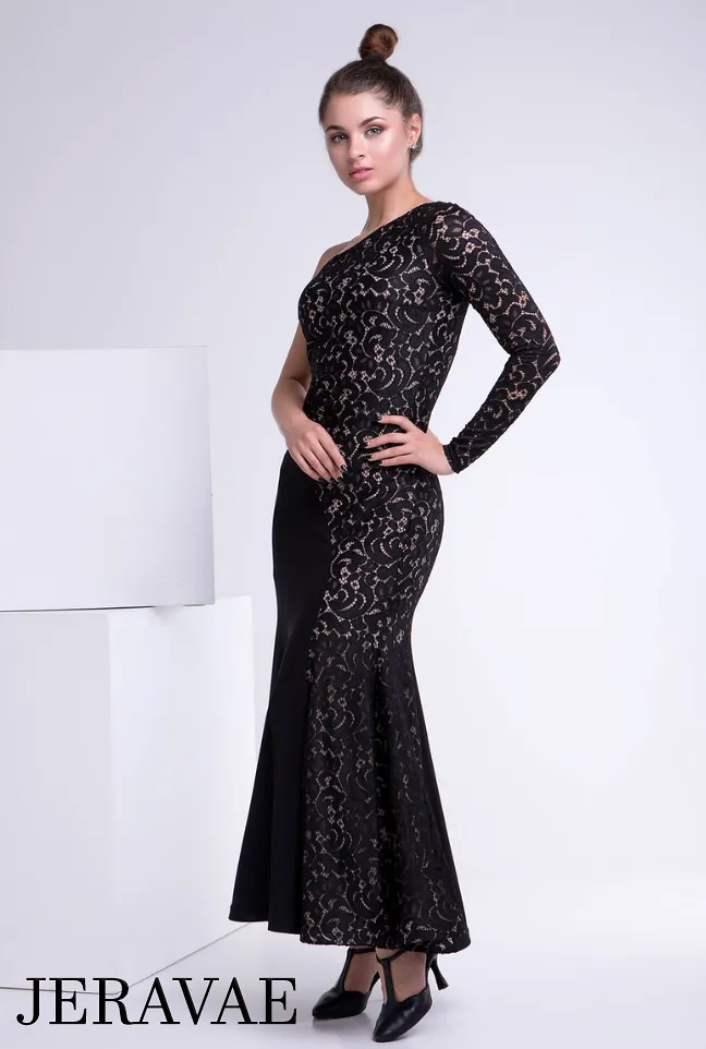 Long Black Ballroom Practice Dress with Asymmetrical Neckline, Single Sleeve, and Beautiful Stretch Lace PRA 834