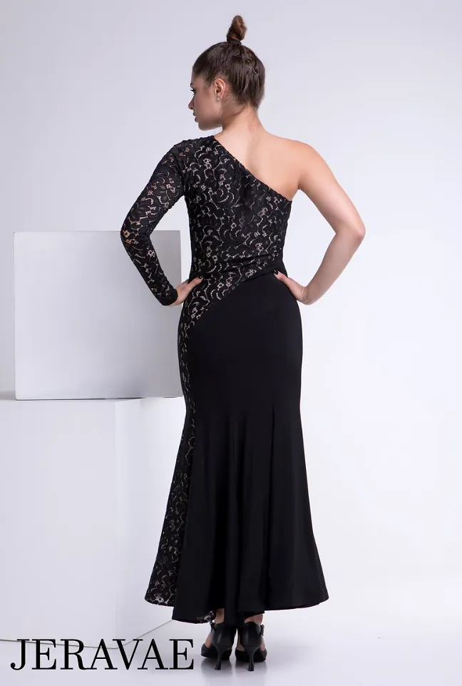 Long Black Ballroom Practice Dress with Asymmetrical Neckline, Single Sleeve, and Beautiful Stretch Lace PRA 834