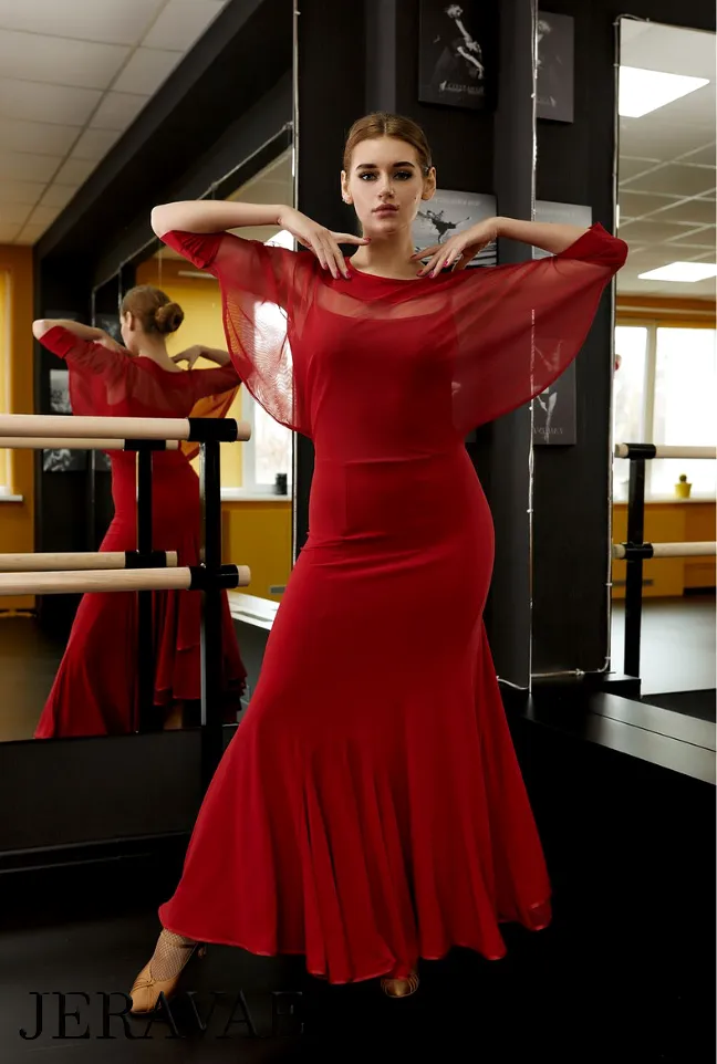 Long Red Ballroom Practice Dress with Mesh Capelet and Half Sleeves PRA 833