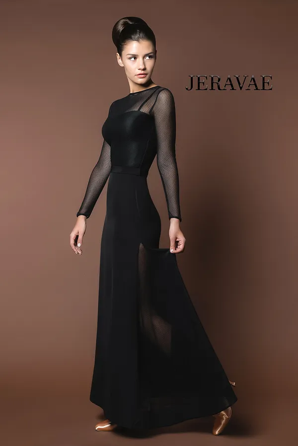 Long Sleeve Ballroom Practice Dress with Mesh Panels PRA 618_sale