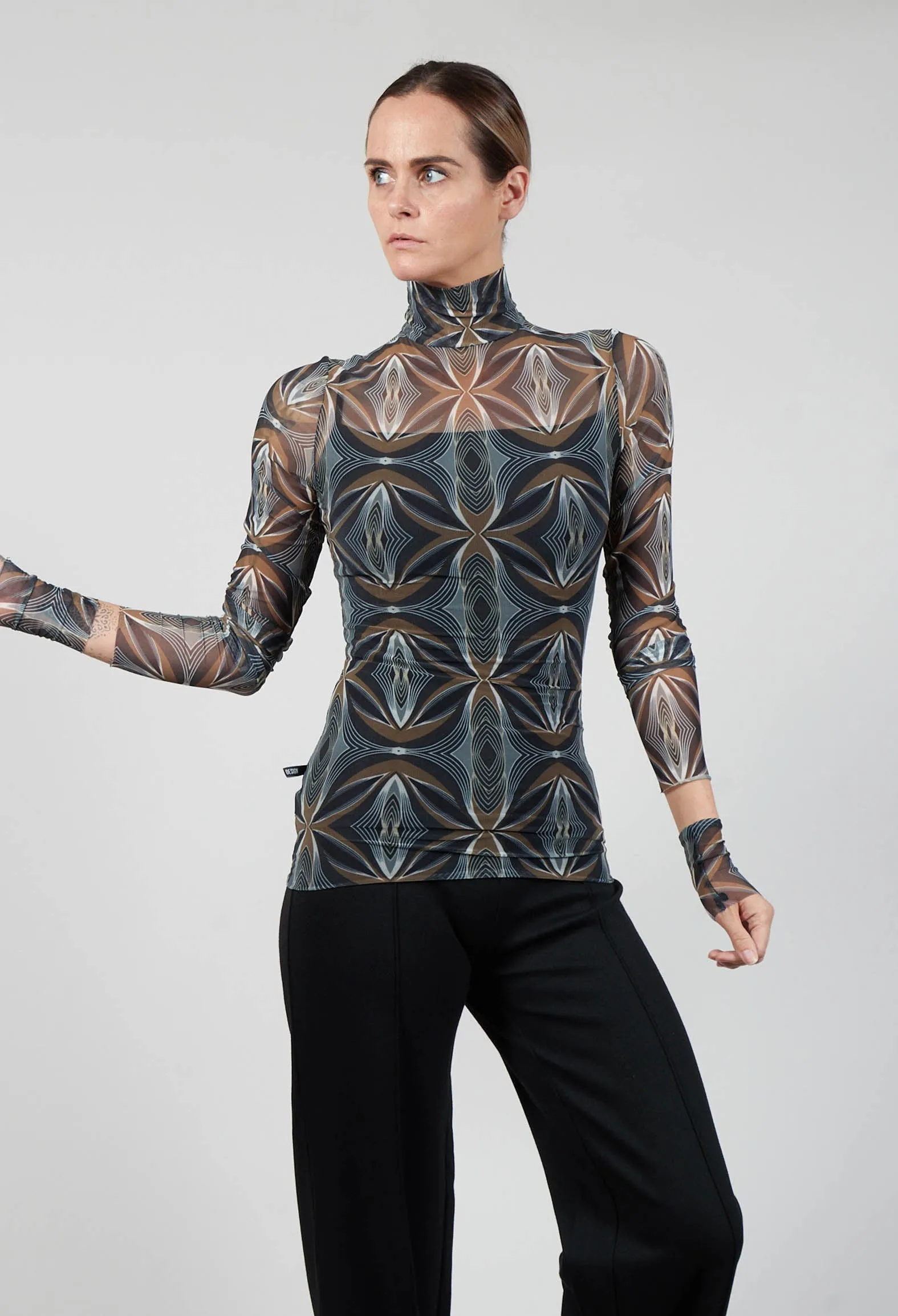 Long Sleeve Semi Sheer Top with Geometric Print