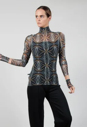 Long Sleeve Semi Sheer Top with Geometric Print