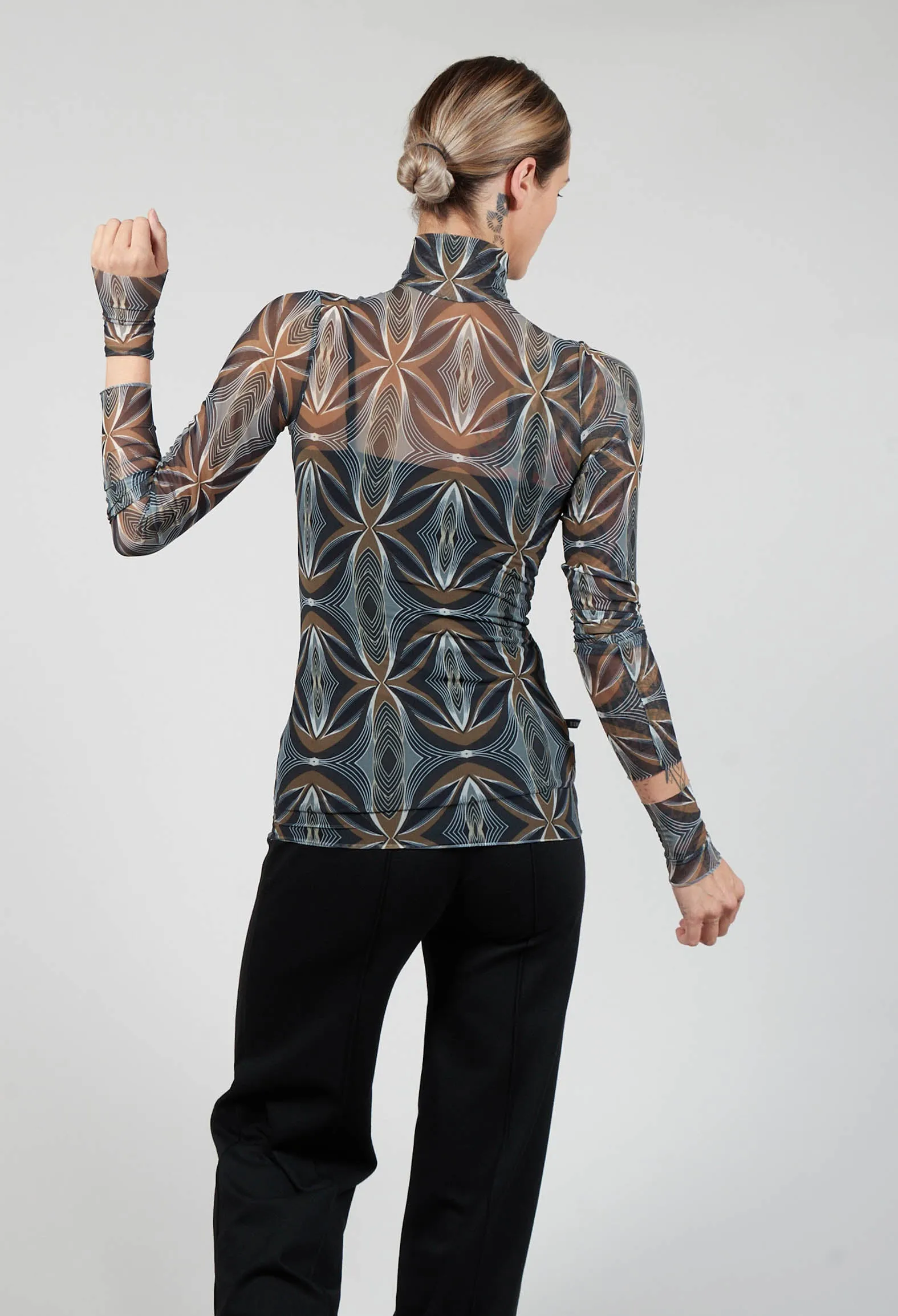 Long Sleeve Semi Sheer Top with Geometric Print