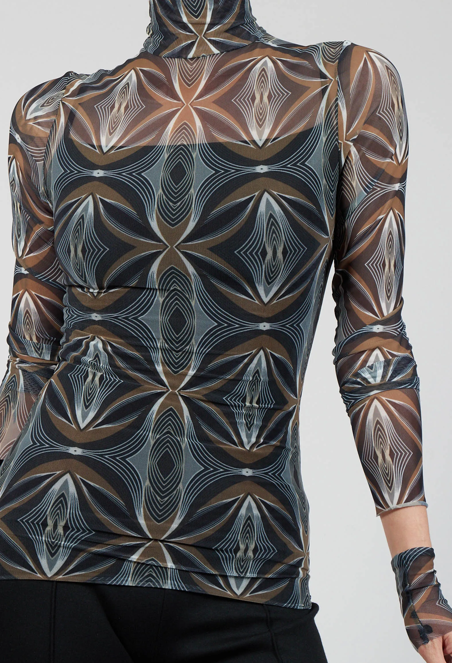 Long Sleeve Semi Sheer Top with Geometric Print