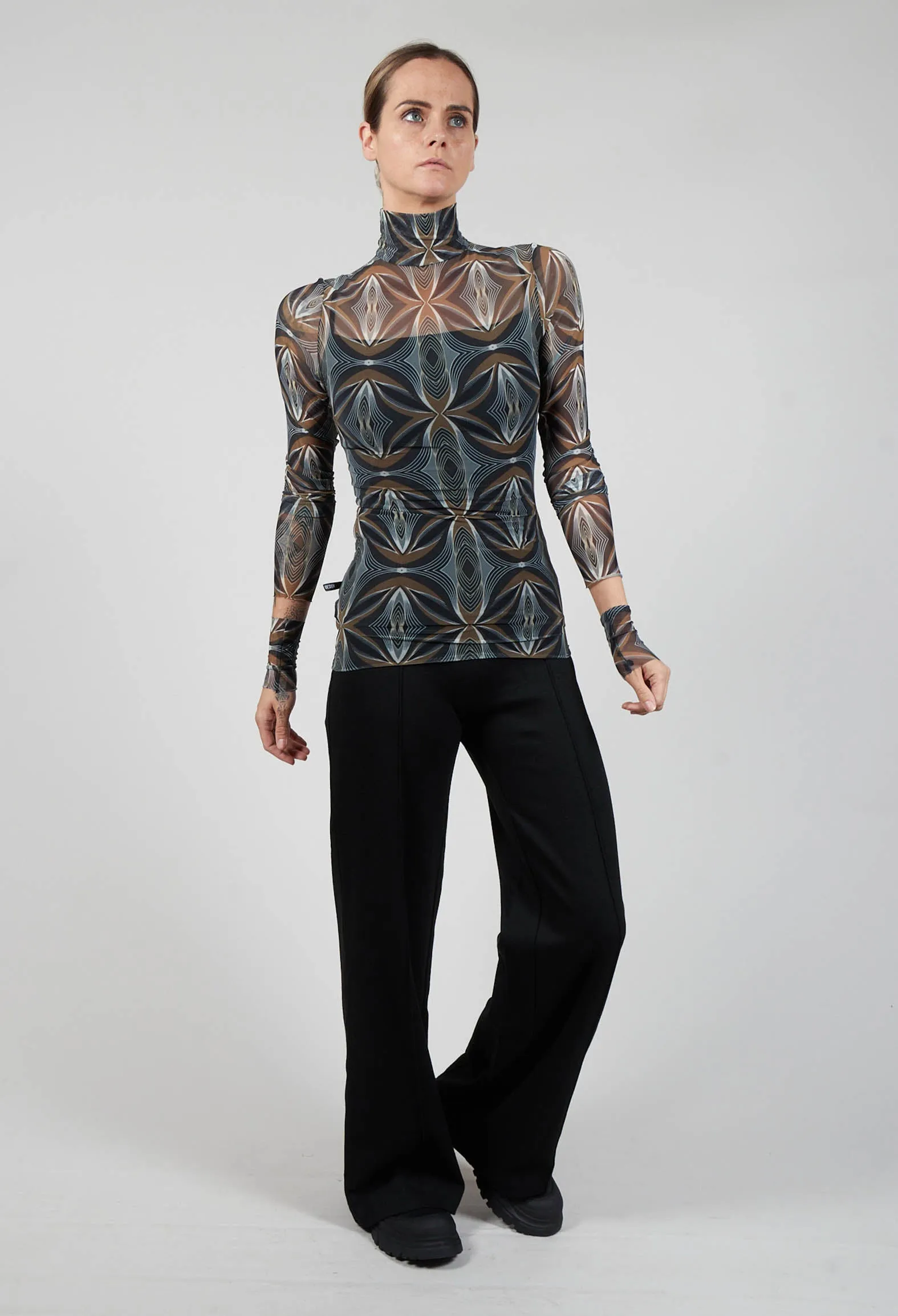 Long Sleeve Semi Sheer Top with Geometric Print