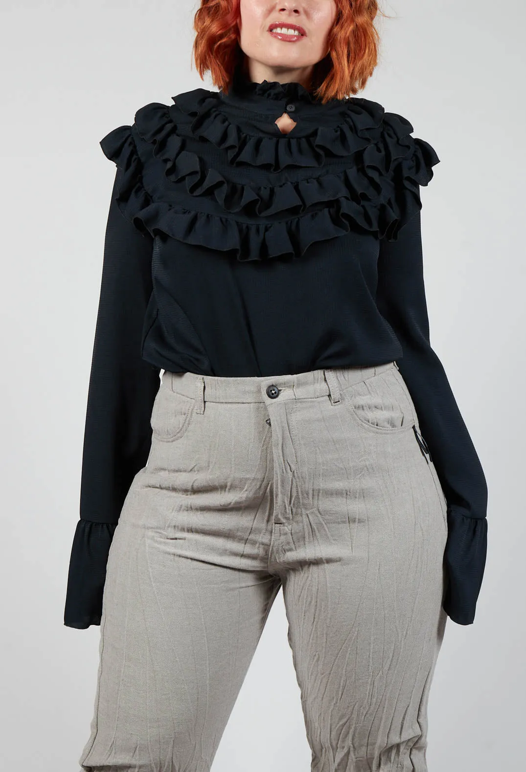 Long Sleeved Blouse with Ruffled Bib in Black