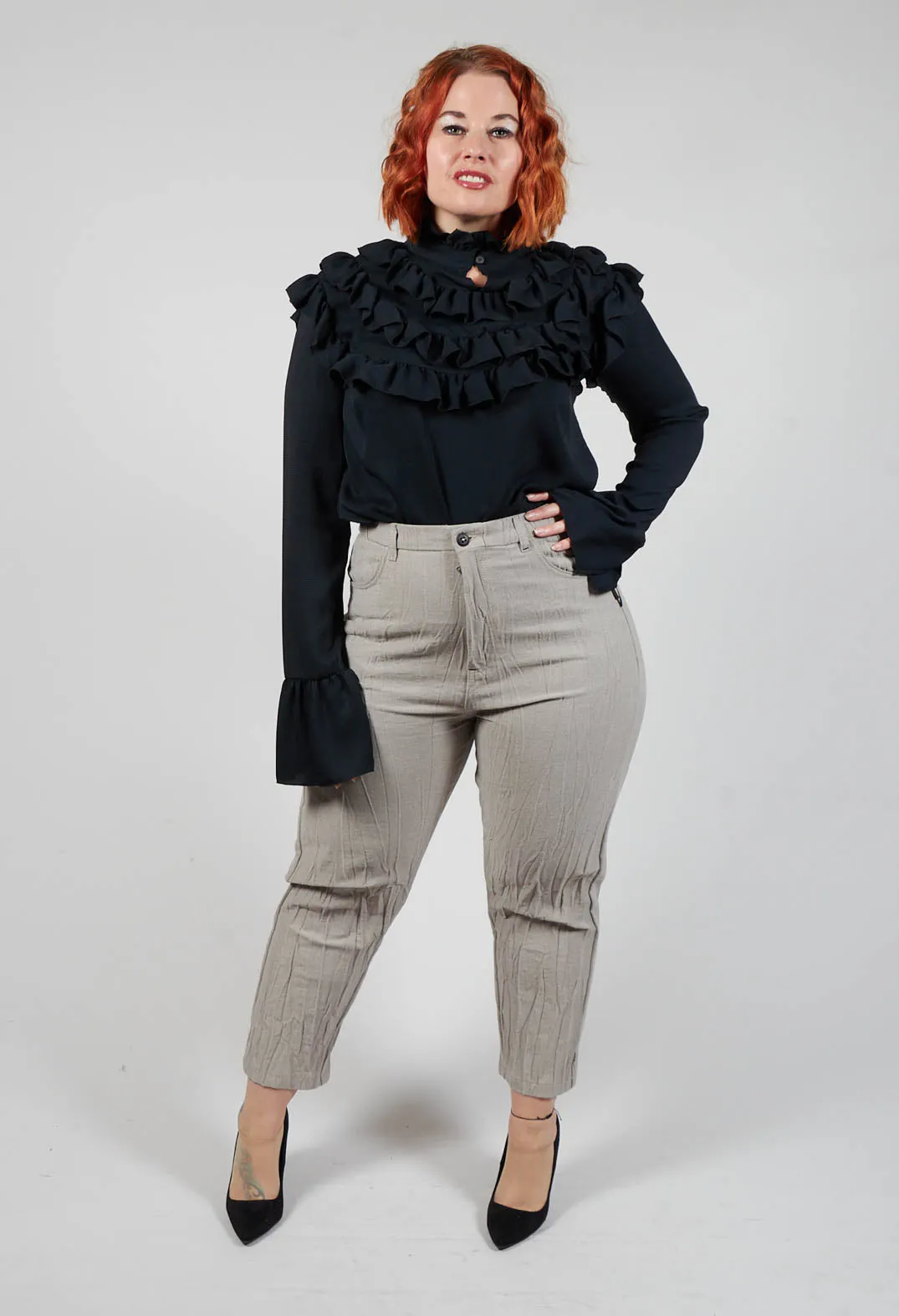 Long Sleeved Blouse with Ruffled Bib in Black