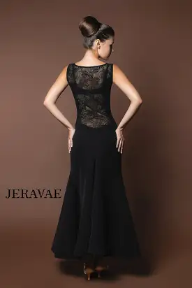 Long Sleeveless Black Ballroom Practice Dress with Lace Panel Back and Wrapped Horsehair Hem PRA 619