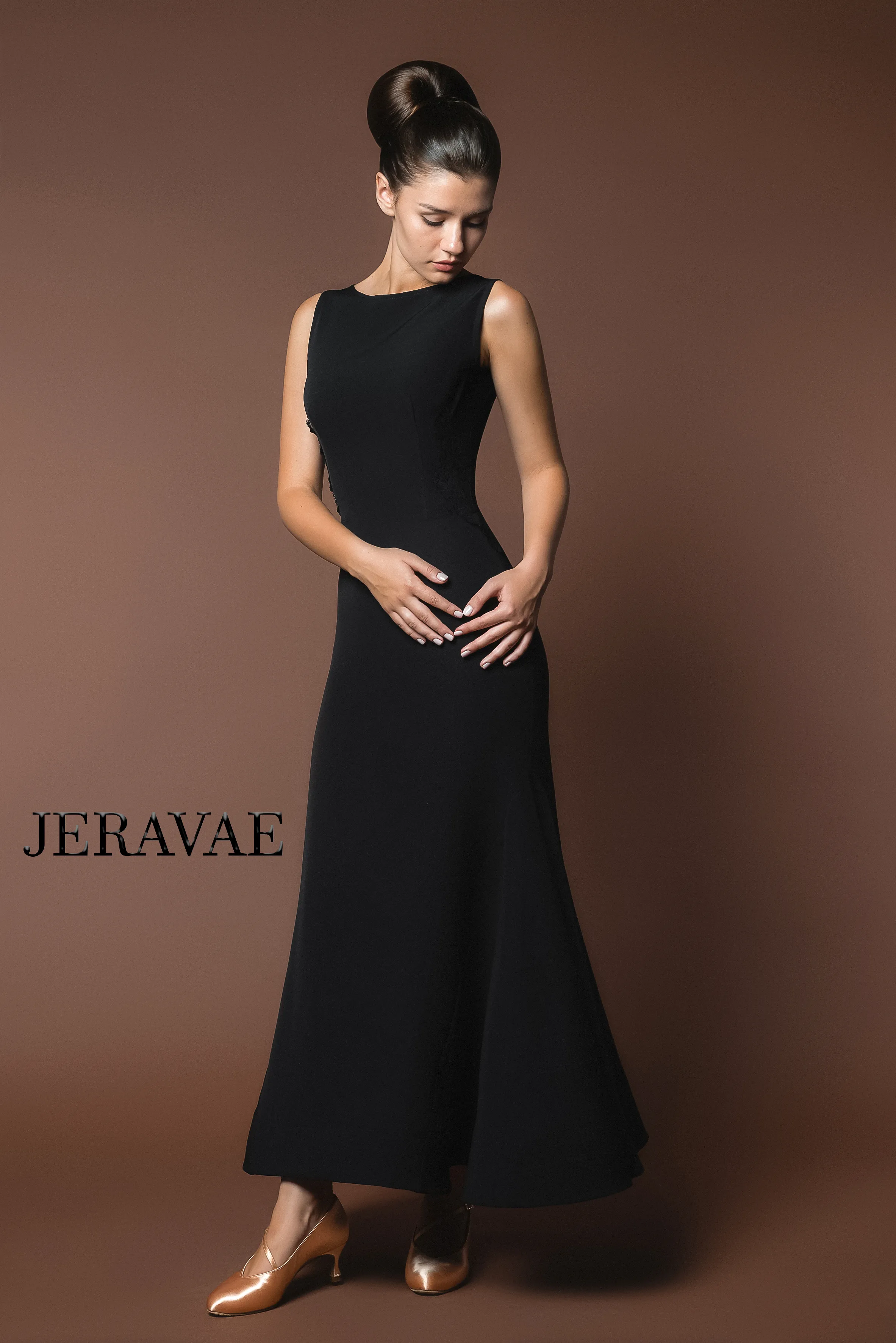 Long Sleeveless Black Ballroom Practice Dress with Lace Panel Back and Wrapped Horsehair Hem PRA 619