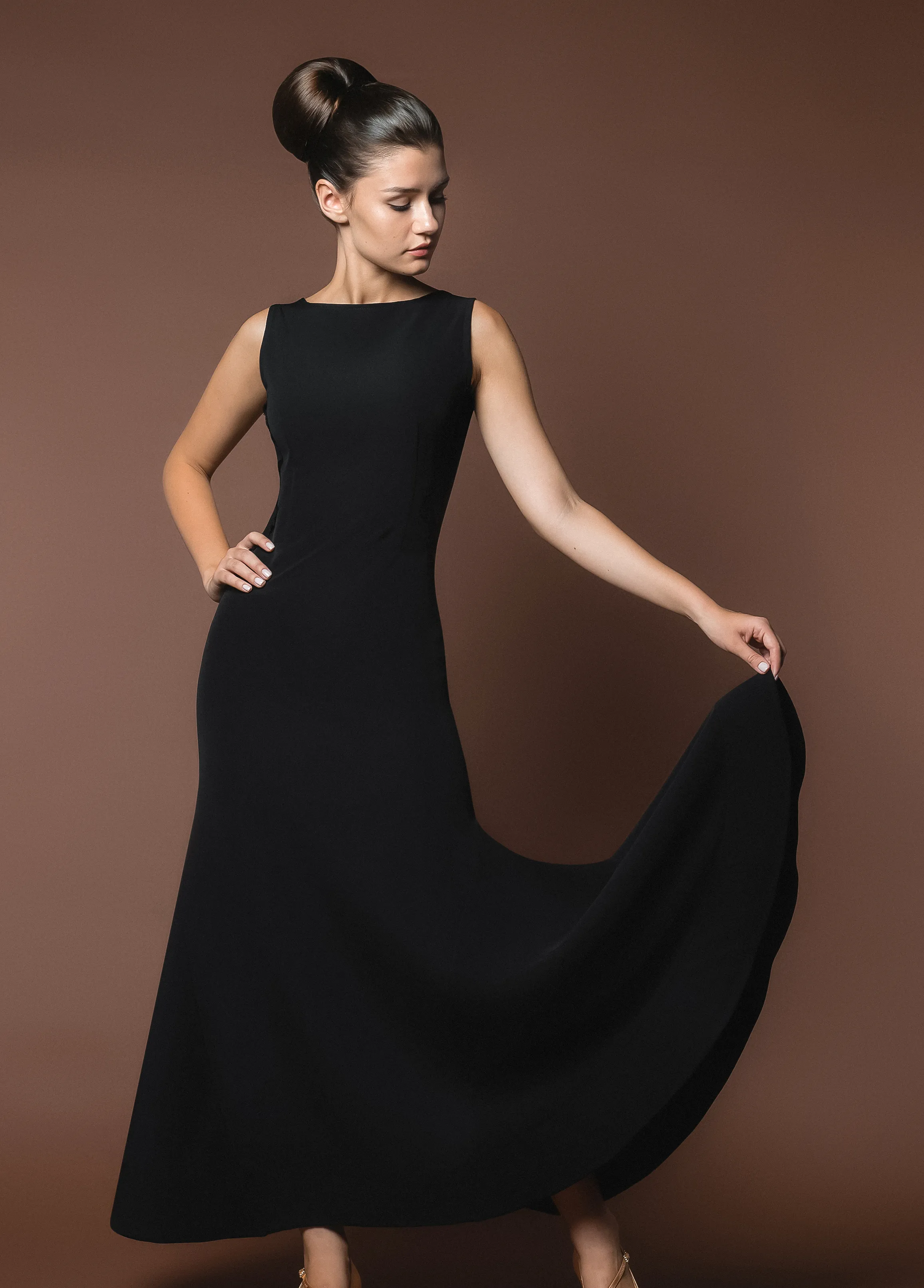 Long Sleeveless Black Ballroom Practice Dress with Lace Panel Back and Wrapped Horsehair Hem PRA 619