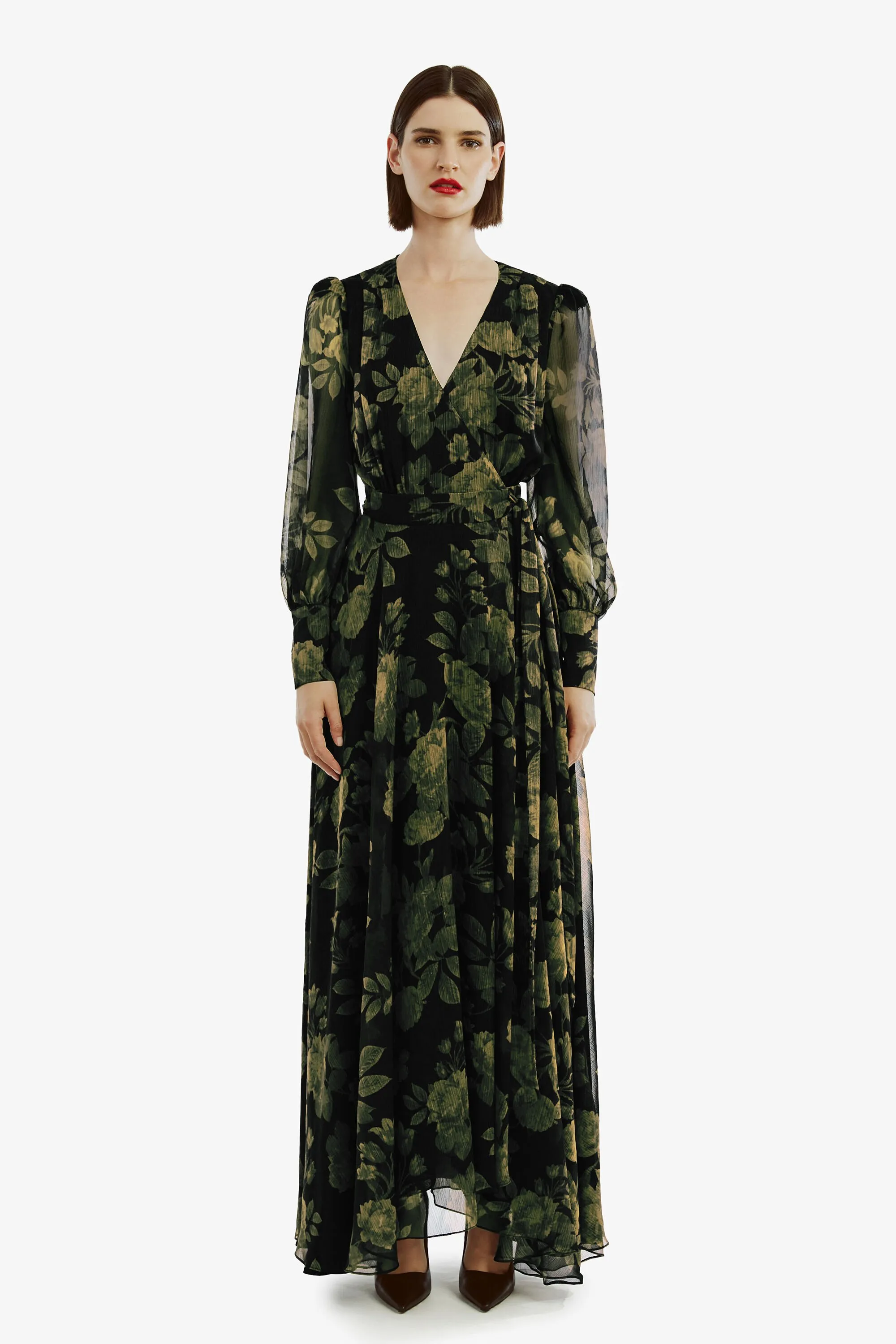 lucianna maxi wrap dress in green flo