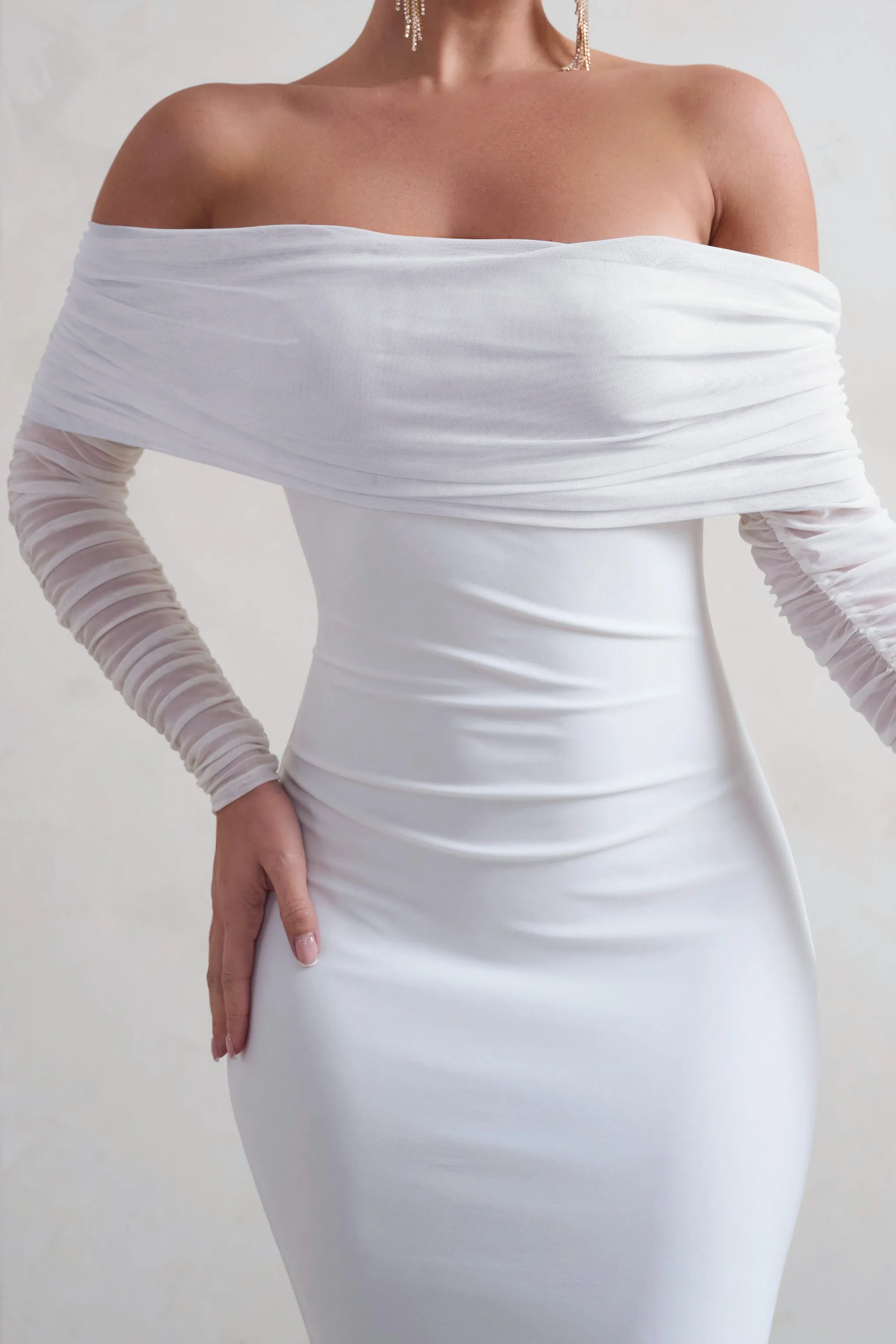 Madeleine | White Fishtail Maxi Dress With Bardot Mesh Long Sleeves