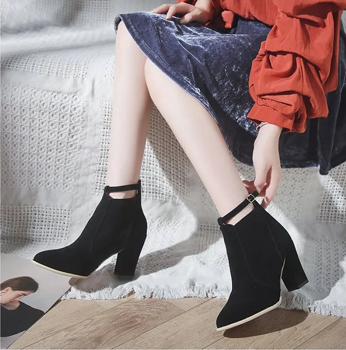 MBluxy short tube thick heel pointed toe suede  boots