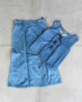 MIU MIU DENIM MAXI SKIRT & LACE UP TOP SET - M