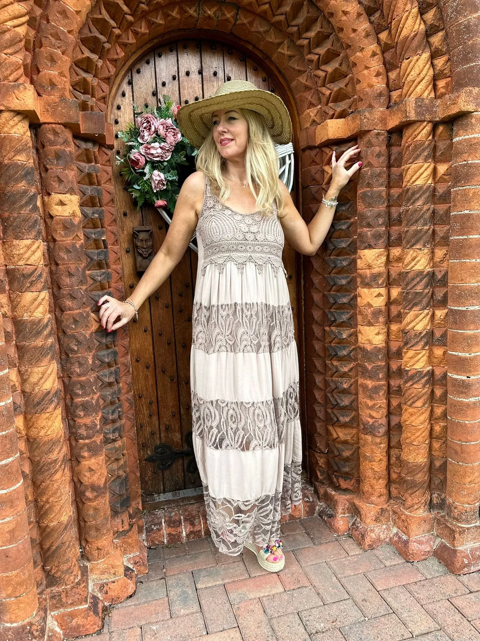 Mocha Delicate Lace Crochet Panel Maxi Dress Eden