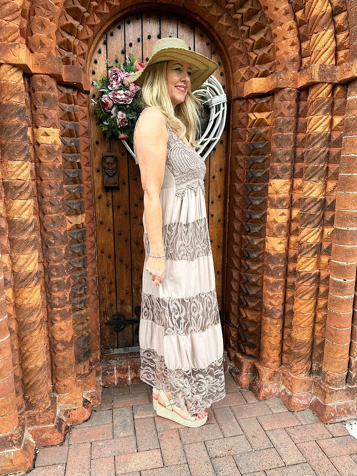 Mocha Delicate Lace Crochet Panel Maxi Dress Eden