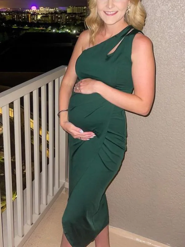 Momnfancy Green Bodycon Side Slit Irregular Hollow Babyshower Ceremony Elegant Chic Maxi Maternity Cocktail Dress