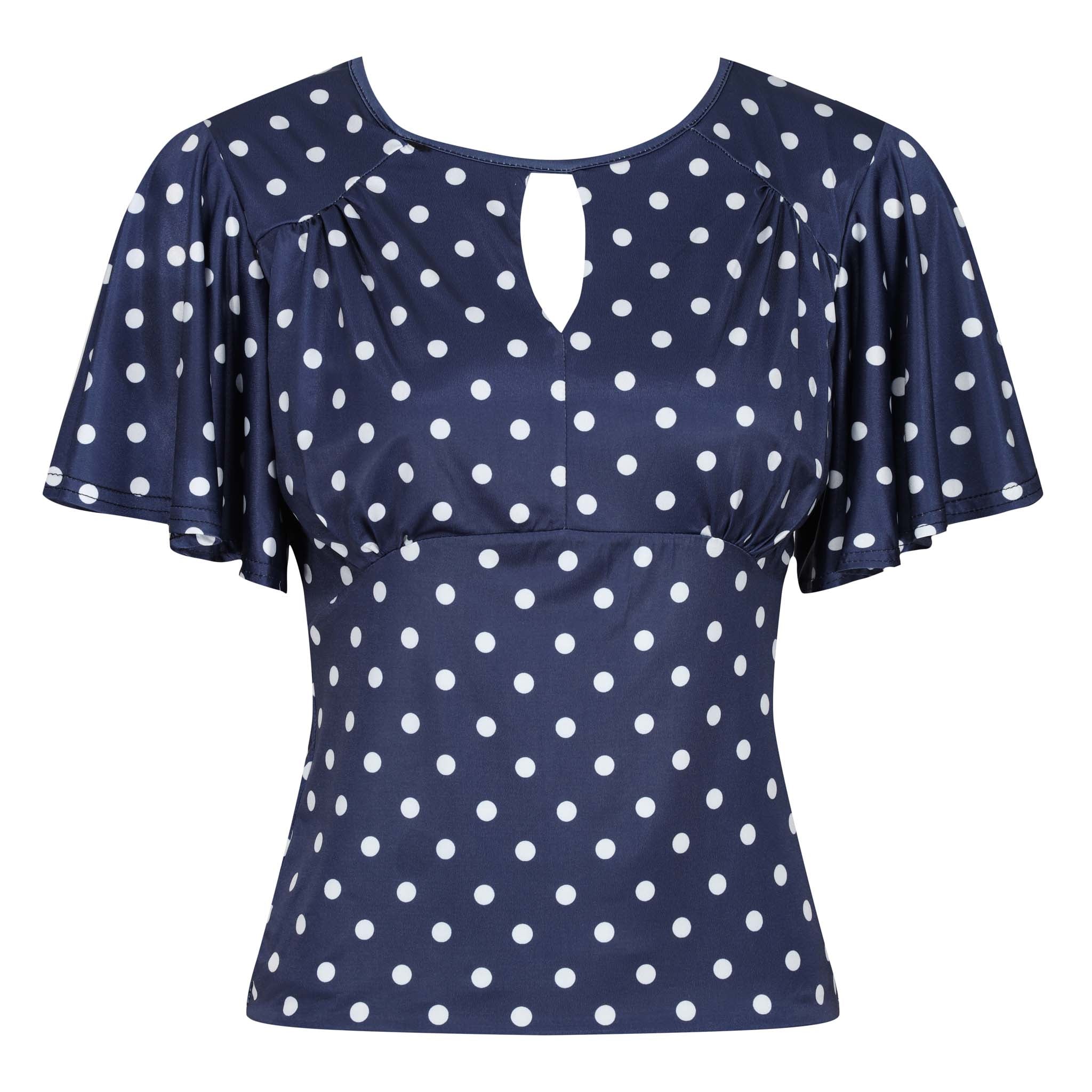 Navy White Polka Dot Waterfall Sleeve Top