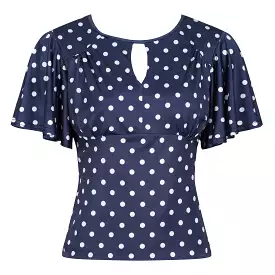 Navy White Polka Dot Waterfall Sleeve Top