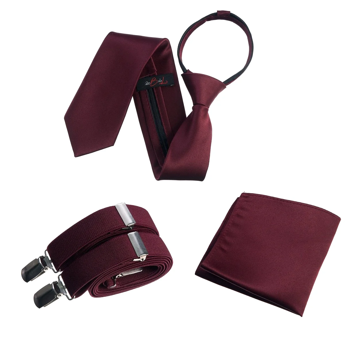 Neck Tie Pocket Square and Adjustable Stretch Suspender Set - RENTAL