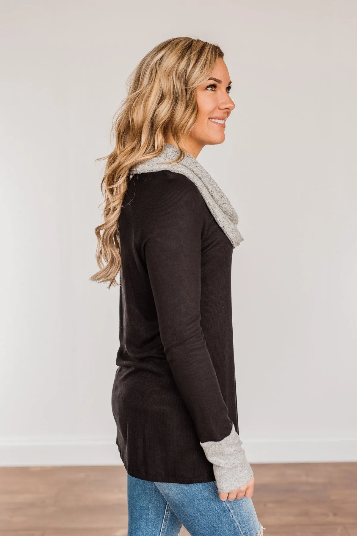 Nights With You Long Cowl Neck Top- Black