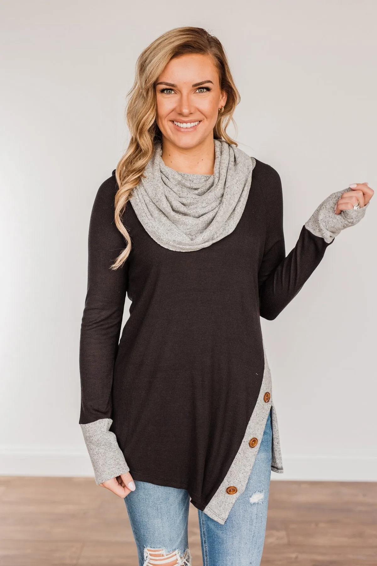 Nights With You Long Cowl Neck Top- Black