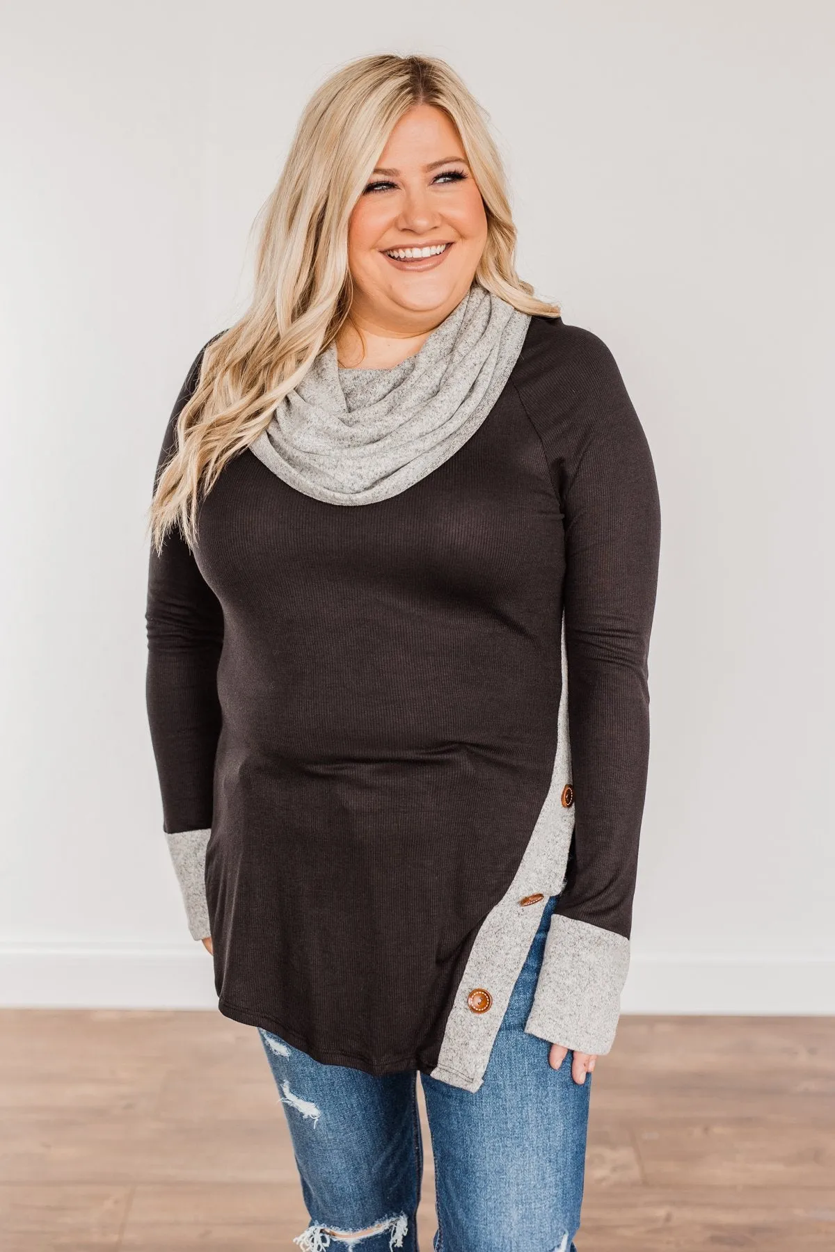 Nights With You Long Cowl Neck Top- Black