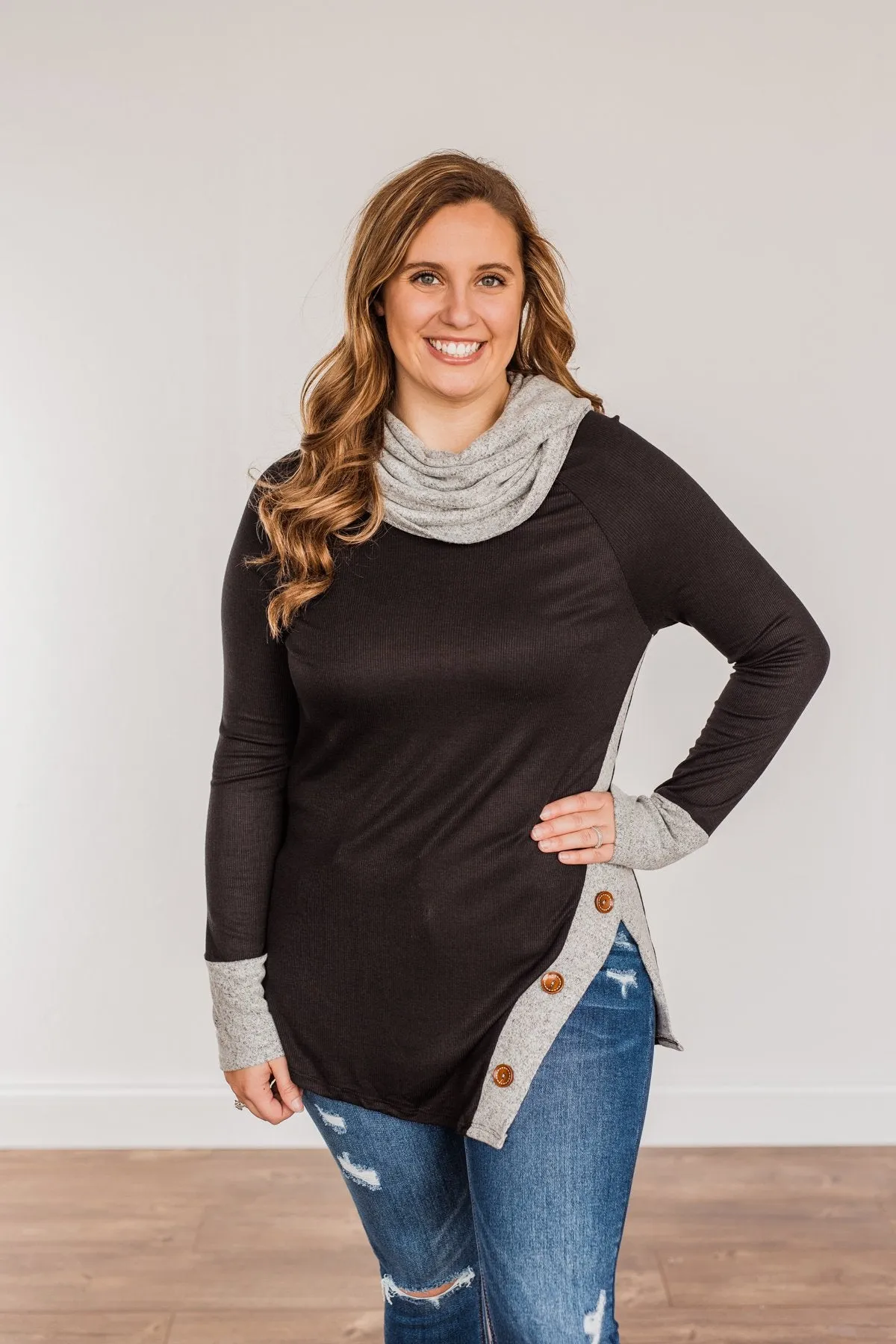 Nights With You Long Cowl Neck Top- Black