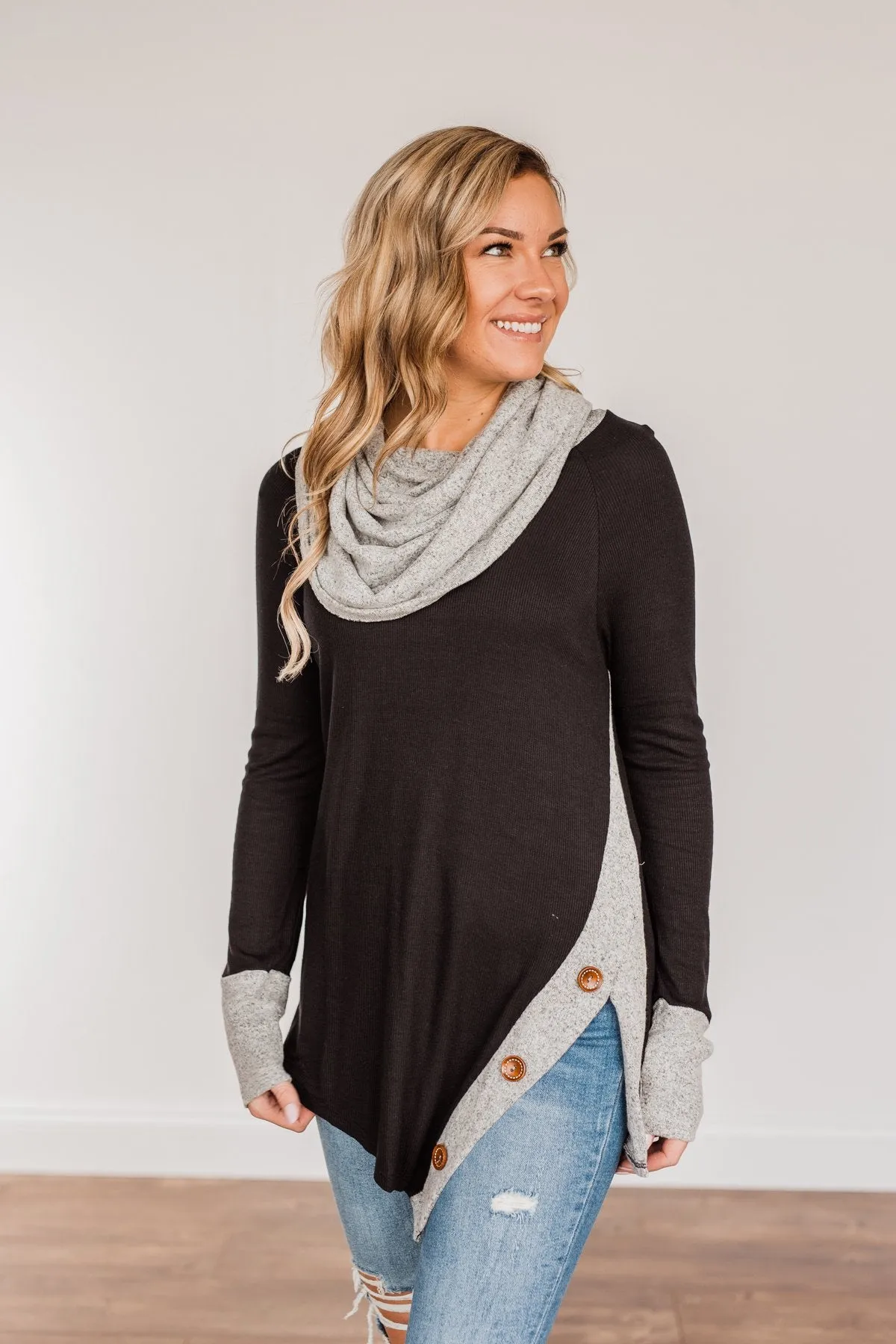 Nights With You Long Cowl Neck Top- Black