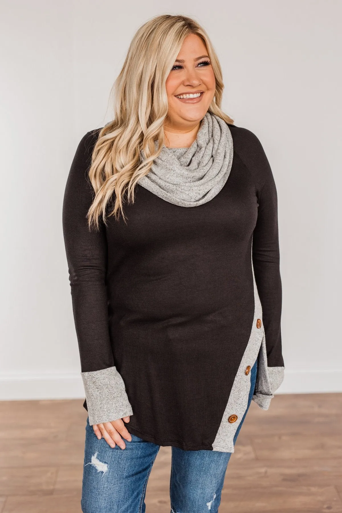 Nights With You Long Cowl Neck Top- Black