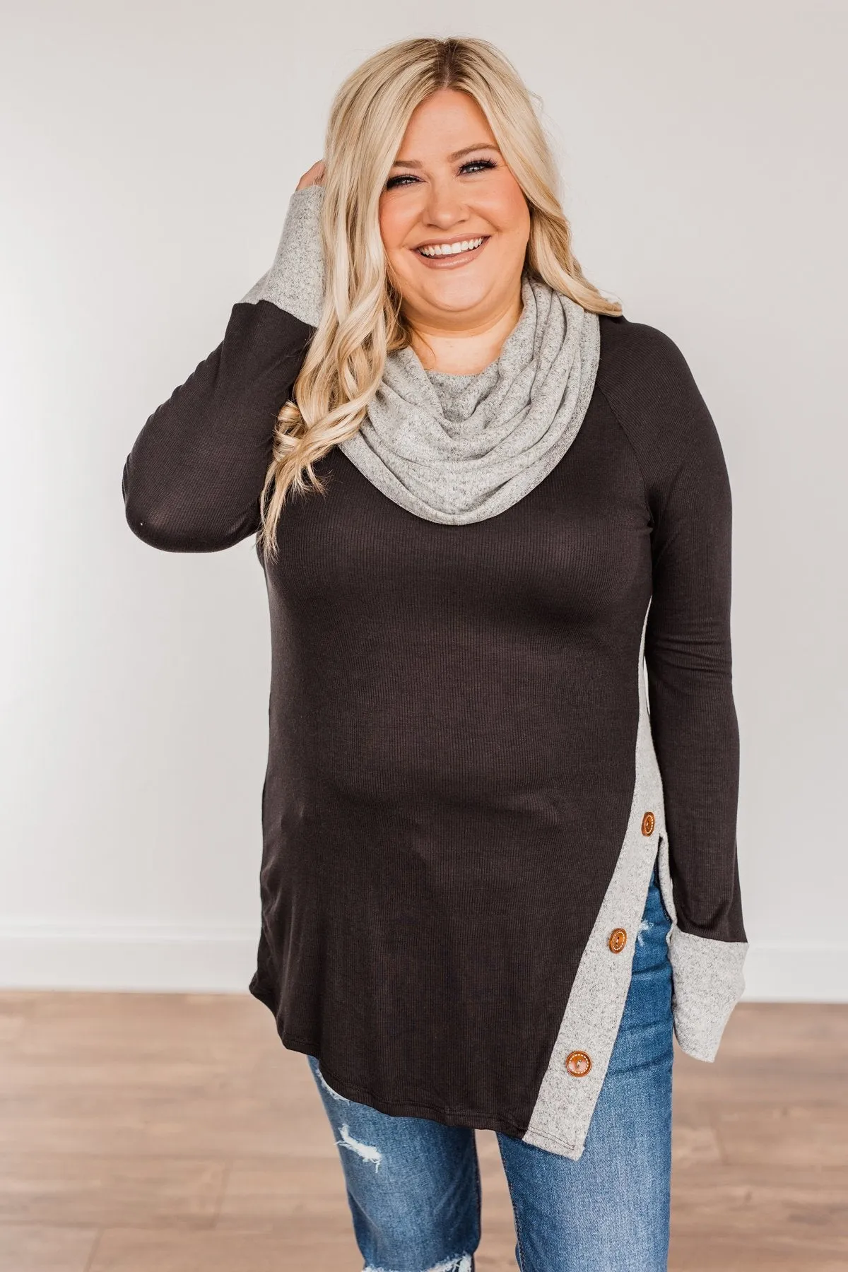 Nights With You Long Cowl Neck Top- Black