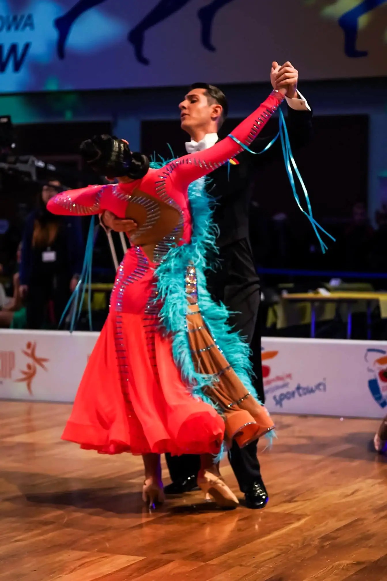 Orange Ballroom Dress with Blue Feathers