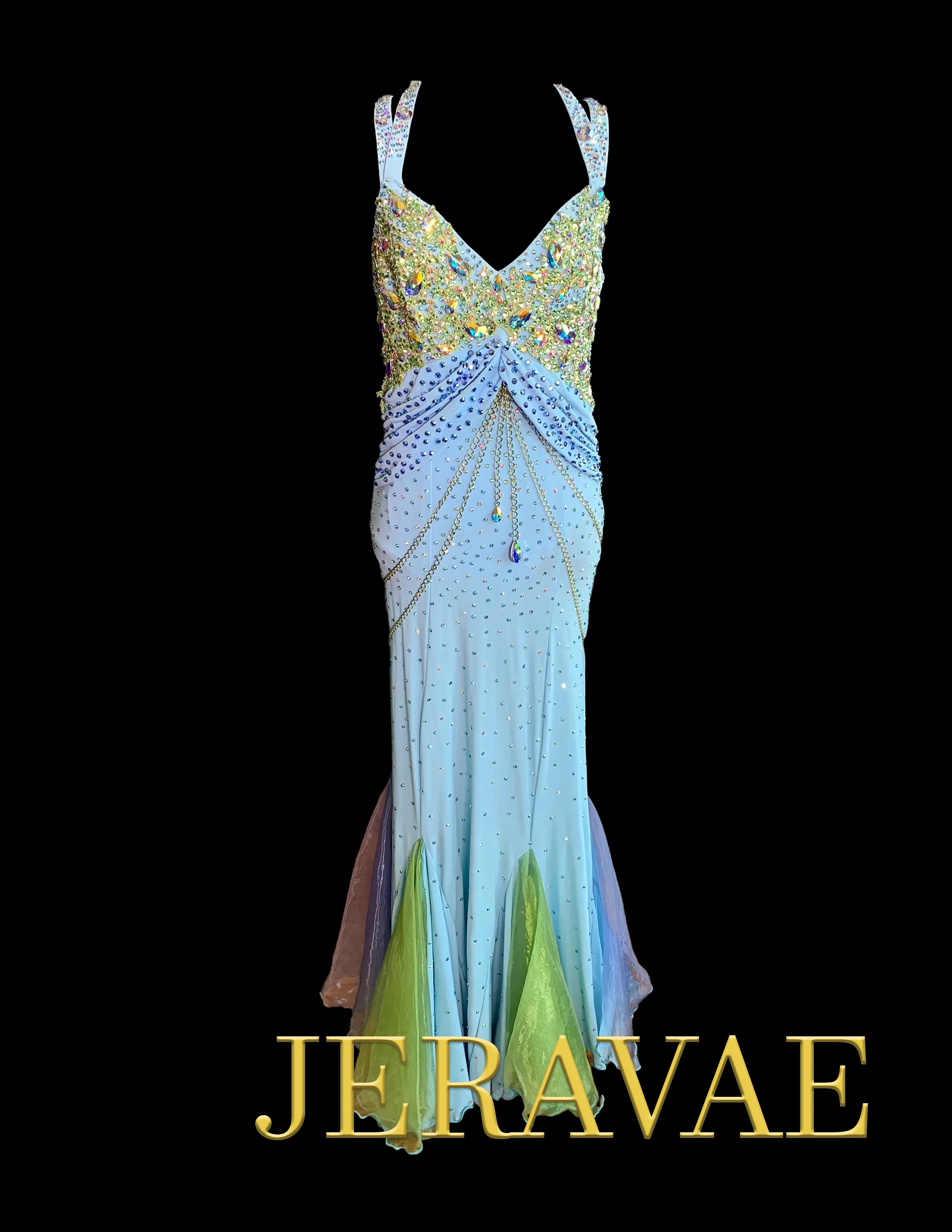 Pale Blue Ballroom Dress with Green and Purple Gussets, Double Strap Design Across the Back, Chain Detail, and Heavy Stones by F