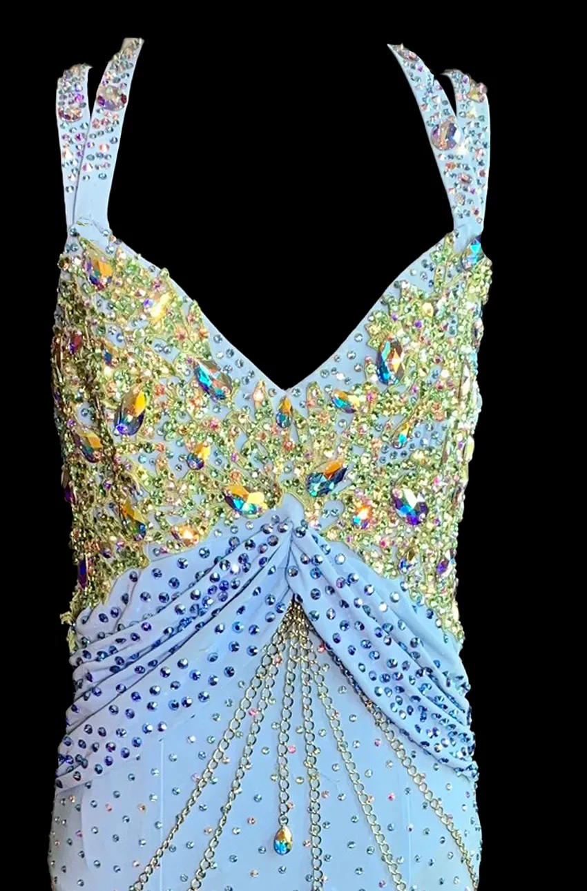 Pale Blue Ballroom Dress with Green and Purple Gussets, Double Strap Design Across the Back, Chain Detail, and Heavy Stones by F